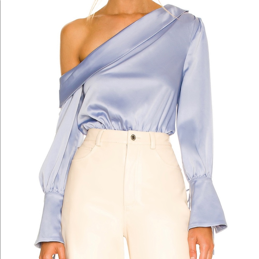 Soft Blue, Revolve one-shoulder long-sleeve Blouse